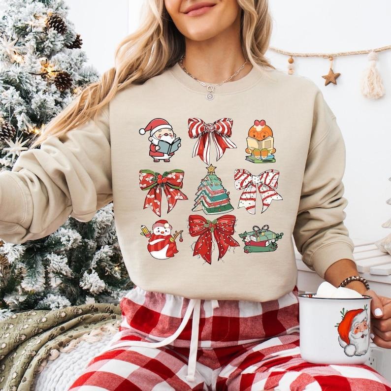 Coquette Bow Book Lover Christmas Sweatshirt, All Booked For Christmas T-shirt, Christmas Bookish Shirt, Bookworm Hoodie,...