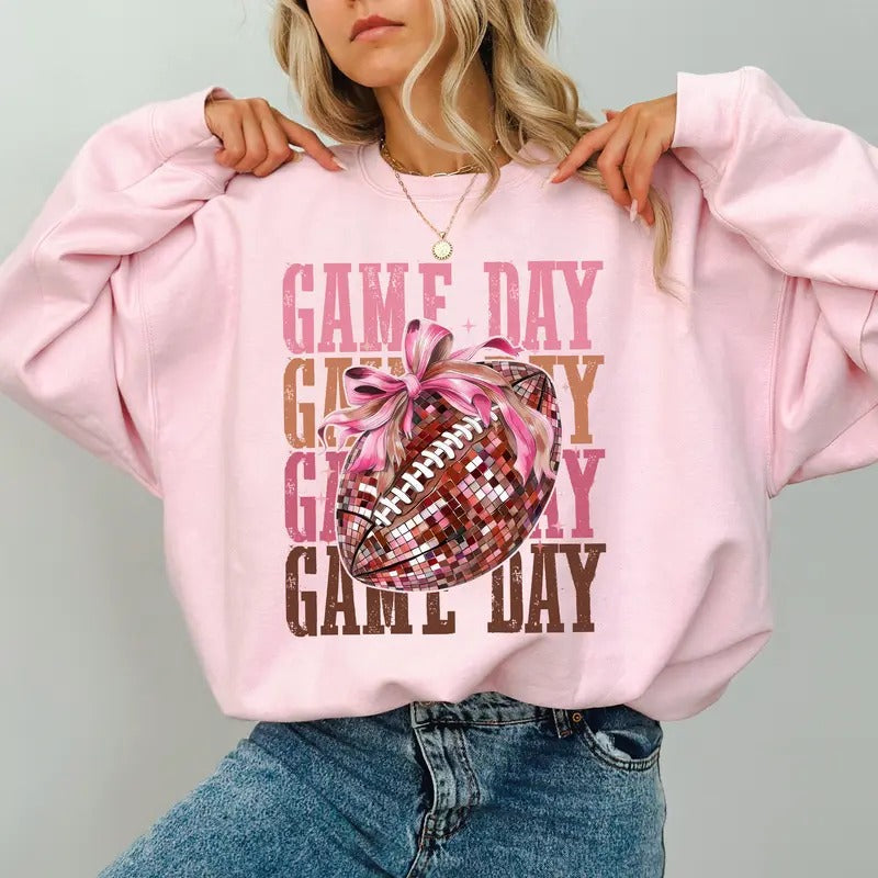 Coquette Bow Disco Football Game Day Football Cheer Game Day Touchdown Season Fall Sports Comfy Long Sleeve Tops Casual Womenswear Comfort Fabric Cotton Top Shirt Hoodie Sweatshirt