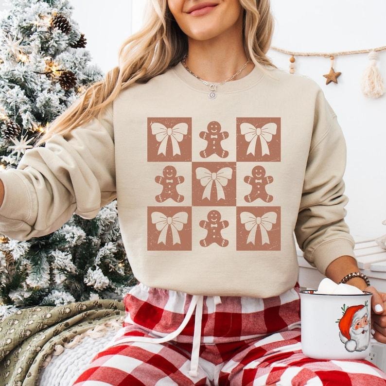 Coquette Bow Gingerbread Christmas Sweatshirt, Vintage Checkered Gingerbread T-shirt, Merry Christmas Shirt, Christmas...