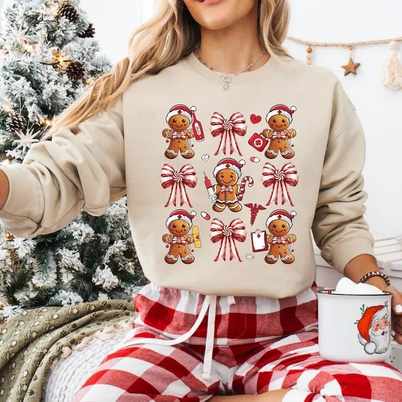 Coquette Bow Gingerbread Nurse Sweatshirt, Very Merry Nurse T-shirt, ICU ER Rn Nurse Tee, Christmas Nurse Life Hoodie,...