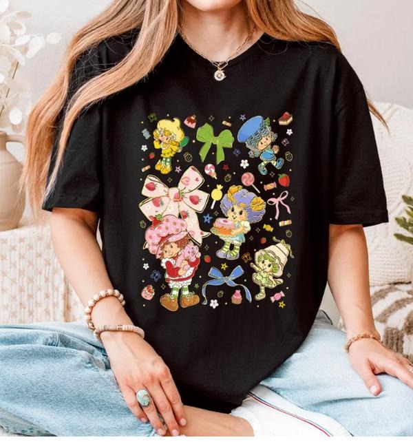 Coquette Bow Glitter Strawberry Shortcake Shirt, 80's Cartoon Characters Rainbow Shirt Hoodie Sweatshirt | PrintMintTees.com