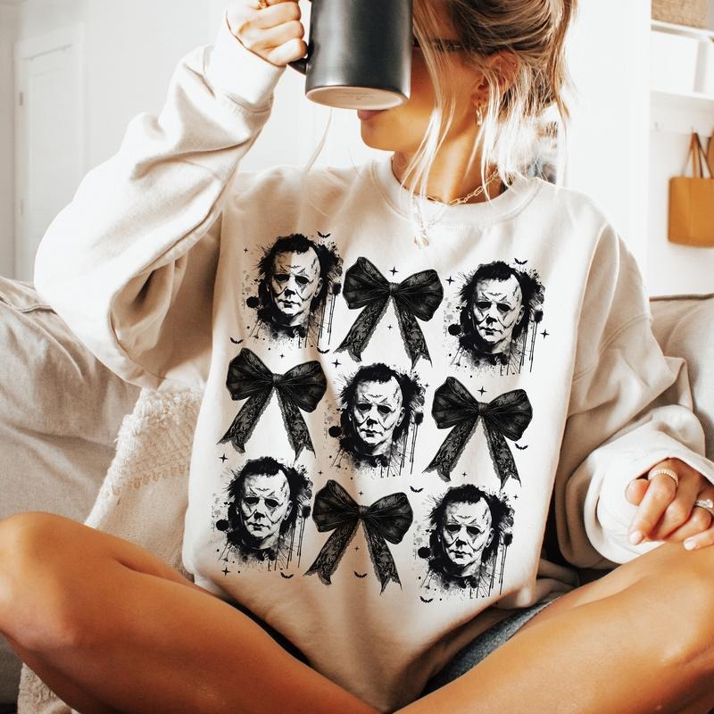 Coquette Bow Halloween Sweatshirt, Horror Movies Sweatshirt, Spooky Season Sweatshirt, Halloween Sweatshirt Shirt Hoodie