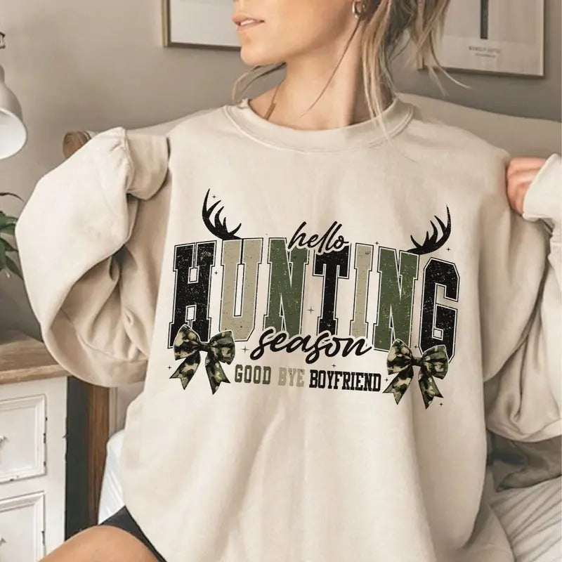Coquette Bow Hello Hunting Season Goodbye Boyfriend Sweatshirt, Girlfriend Club Camo Hunting Coquette Bow Shirt Hoodie