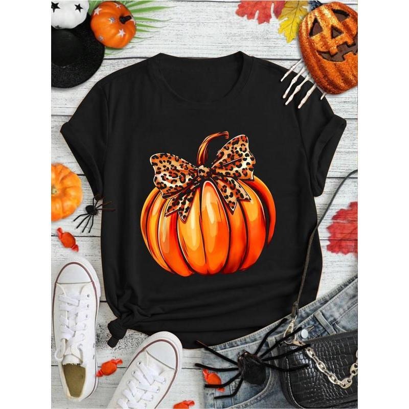 Coquette Bow Leopard Pumpkin Thanksgiving Rustic Fall Women T-Shirt Print Round Neck Short Sleeve Streetwear Fashion...