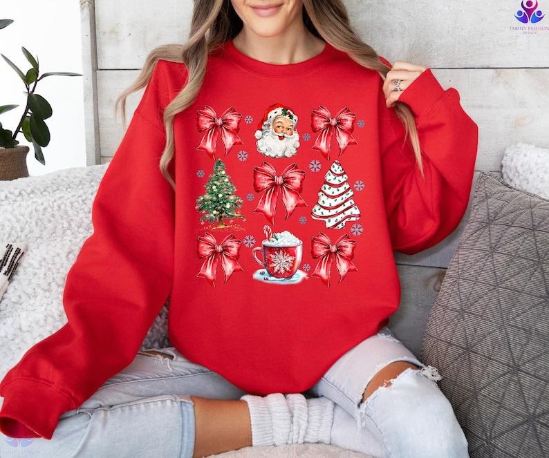 Coquette Bow Sweatshirt, Cute Red Ribbon Santa Sweatshirt, Merry Christmas Bows Sweater, Christmas Gift, Gift For Women...