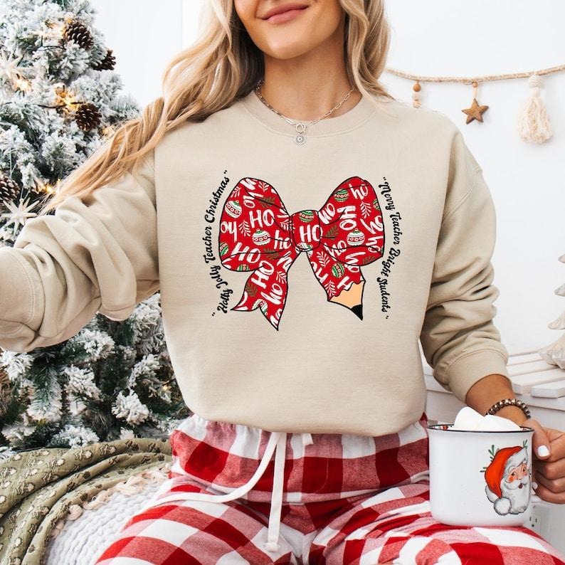 Coquette Bow Teacher Christmas Sweatshirt, Pencil Teacher , Very Merry Teacher Tee, Santa's Favorite Teacher, Christmas...