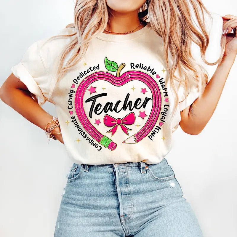 Coquette Bow Teacher Valentine's Day T-Shirt - Retro Glitter Teacher Crewneck - Unisex Cotton Tee