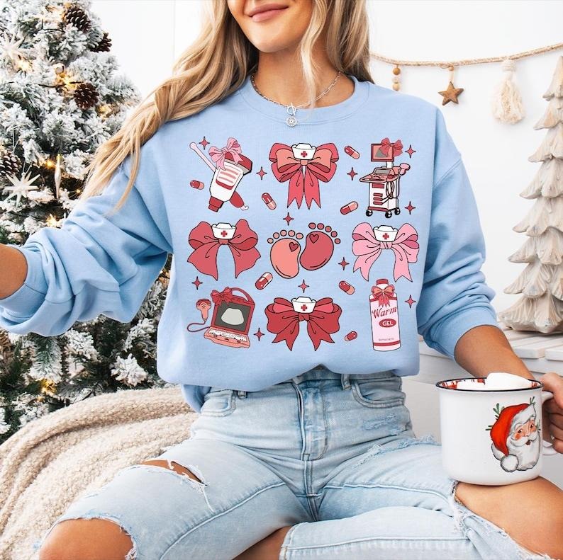 Coquette Bow Ultrasound Nurse Sweatshirt, Sonographer Christmas, Sono Tech Xmas Gift, Ultrasound Tech Holiday Shirt Hoodie