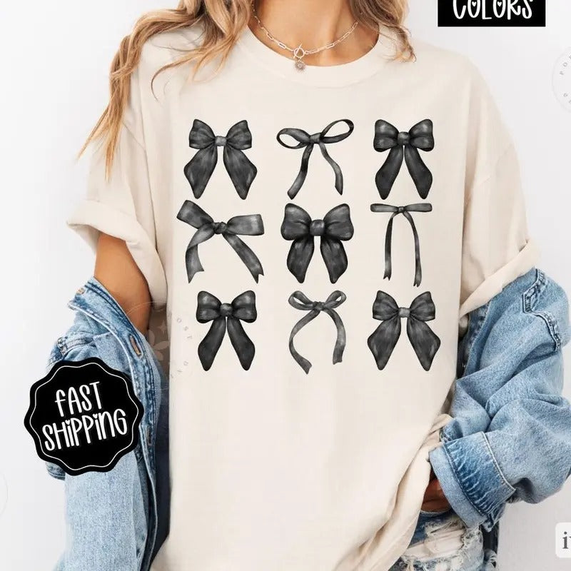 Coquette Bows  Shirt, Black Bow Tshirt, Cute Women's Tee, shirt hot tiktok trend Hoodie Sweatshirt | PrintMintTees.com