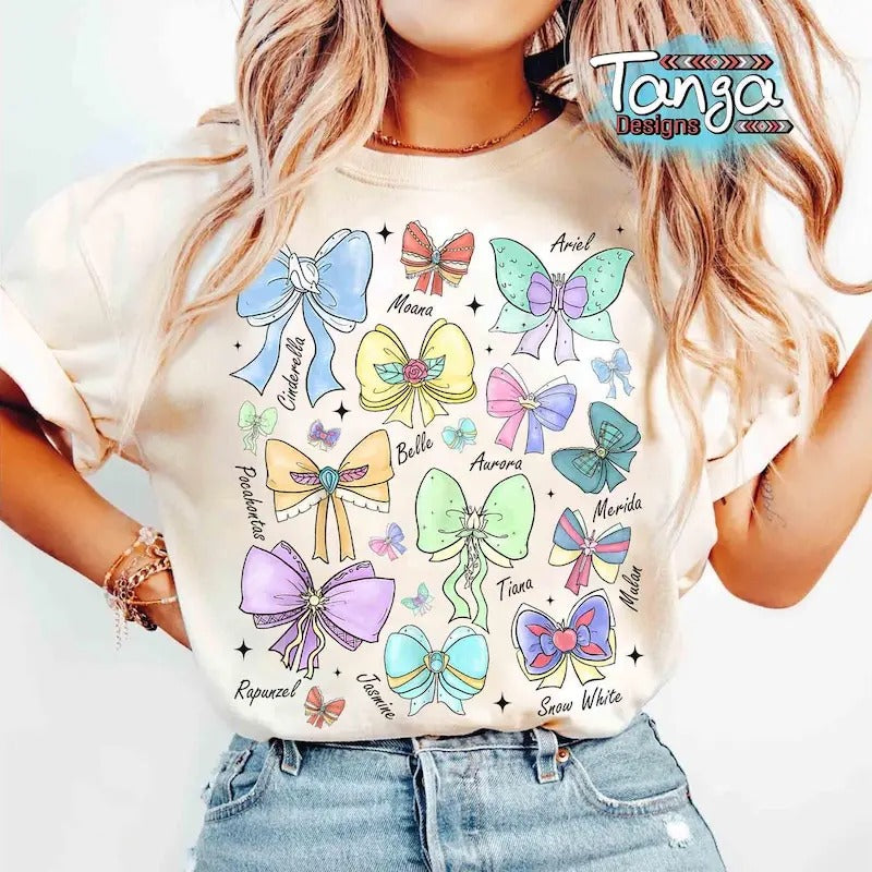Coquette Bows Watercolor Princess Shirt, Aurora Ariel Belle Cinderella Tiana Shirt, Magic Kingdom Girl Trip 2025 Hoodie...