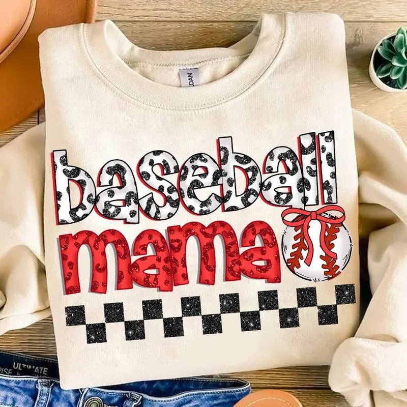 Coquette Checkered Baseball Mama Bow  Leopard  Preppy Baseball Game Day Sweatshirt Classic Cotton Shirt Hoodie