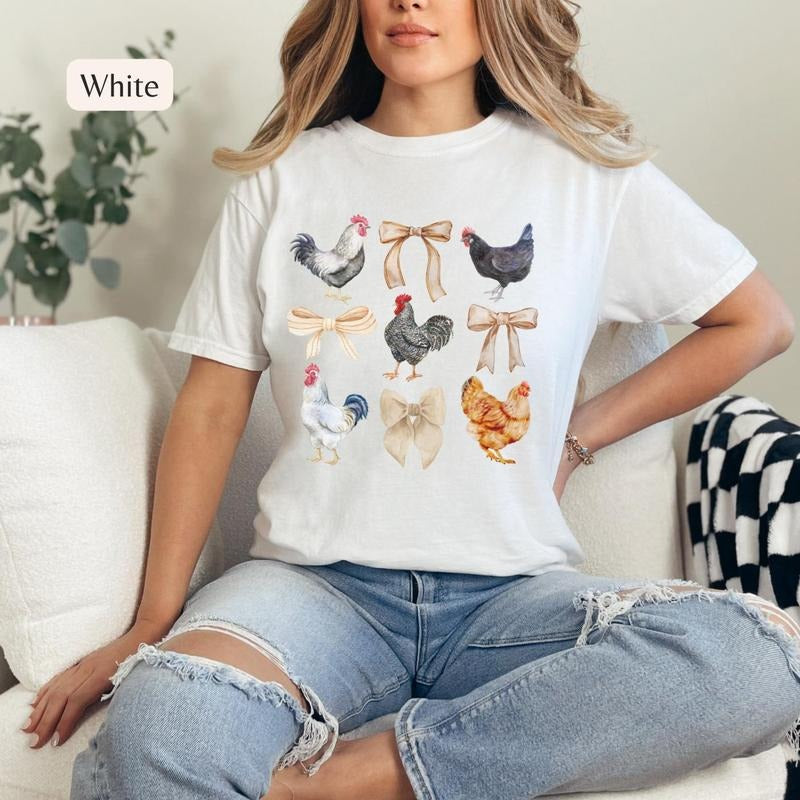 Coquette Chicken T-Shirt, Chicken Lady Graphic Tee Everyday Casual Comfy Womenswear Cute Top Hoodie Sweatshirt