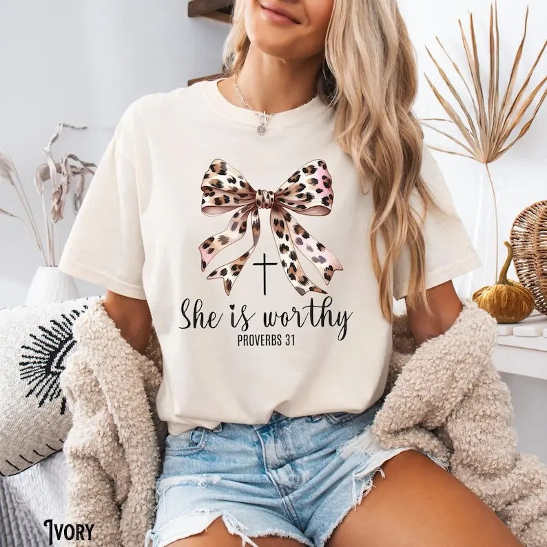 Coquette Christian Tshirt, Leopard Bow Faith Tee, Bible Verse, Girly Christian Gift, Religious Women Gift, Jesus Apparel...