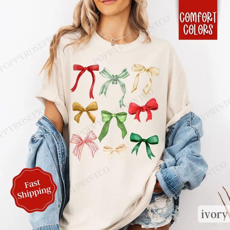 Coquette Christmas Bow Shirt Comfort Colors,  Cute Christmas Tee, Women's Holiday Tshirt Hoodie Sweatshirt