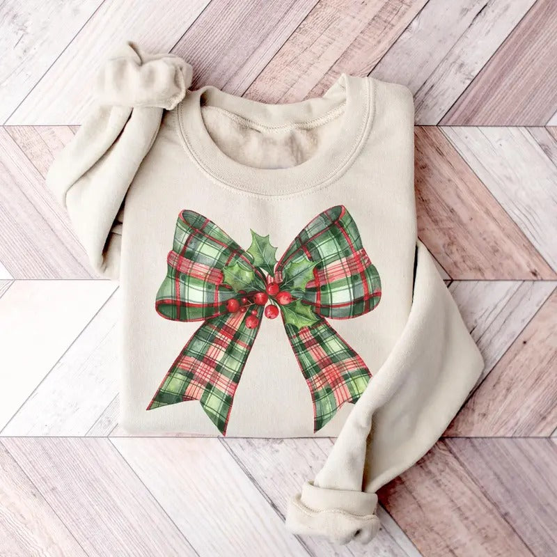 Coquette Christmas Bow Sweatshirt, Christmas Bow Sweater, Holiday Crewneck, Cute Winter Sweatshirt, Women's Holiday Party...