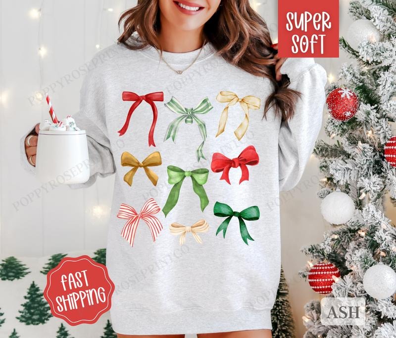 Coquette Christmas Bow Sweatshirt, Cute Christmas Sweater, Women's Holiday Crewneck Shirt Hoodie | PrintMintTees.com