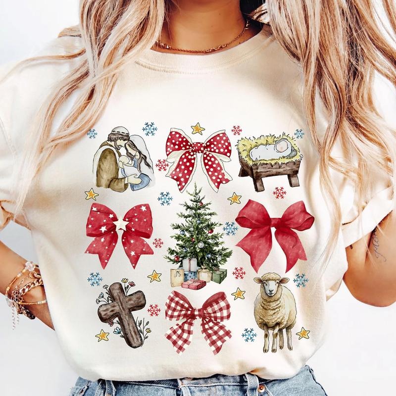 Coquette Christmas Jesus Sweatshirt, Coquette Bow Christmas T-Shirt, Nativity Scene Coquette Sweater, Bible Verse Shirt,...