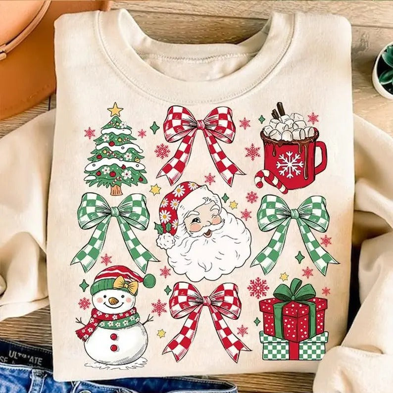 Coquette Christmas Sweatshirt Retro Holidays, Hot Cocoa, Candy Cane, Santa Coquette Bow Checkered, Girly Christmas Cotton...