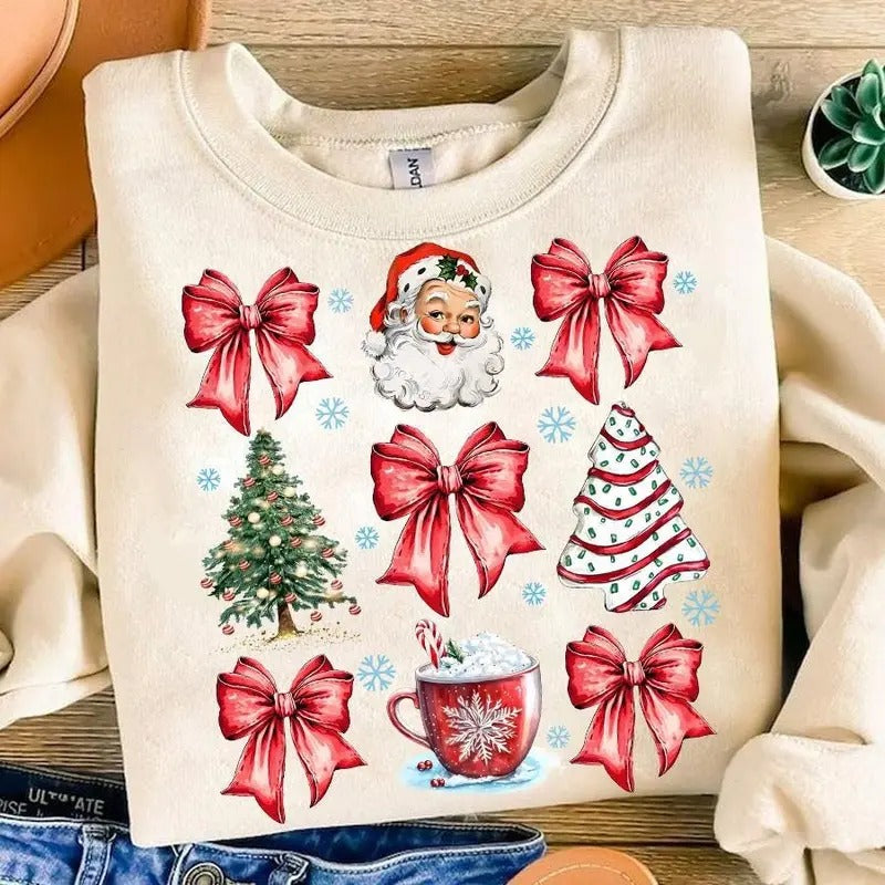 Coquette Christmas Sweatshirt, Coquette Christmas Bow Sweatshirt, Santa Christmas Shirt, Christmas Bow, Santa Hot Cocoa...