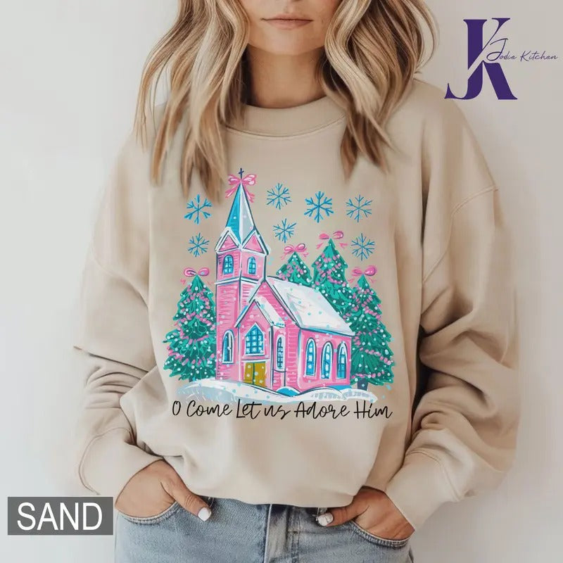 Coquette Christmas Tree Sweatshirt, Oh Come Let Us Adore Him Shirt, Jesus Christmas Sweatshirt, , Hand Drawn, Christian...