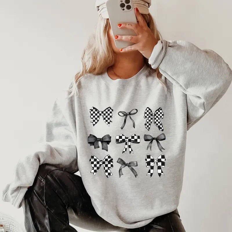 Coquette Doodles Checkered Black Bows Sweatshirt ~ Unisex Apparel Relaxed Fit Printed in the USA Clothing Womenswear...