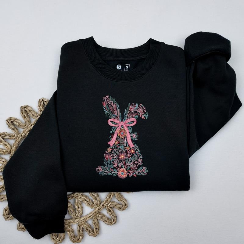 Coquette Easter Bunny Embroidered Sweatshirt, Trendy Easter Flower Sweatshirt, Women's Easter Rabbit Crewneck, Cute...
