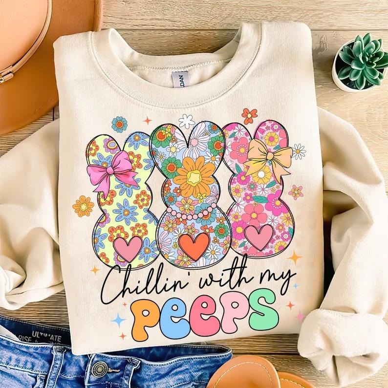 Coquette Easter Bunny Floral Sweatshirt Retro Easter Girly Easter Kids Bow Bunny Spring Floral Shirt Hoodie