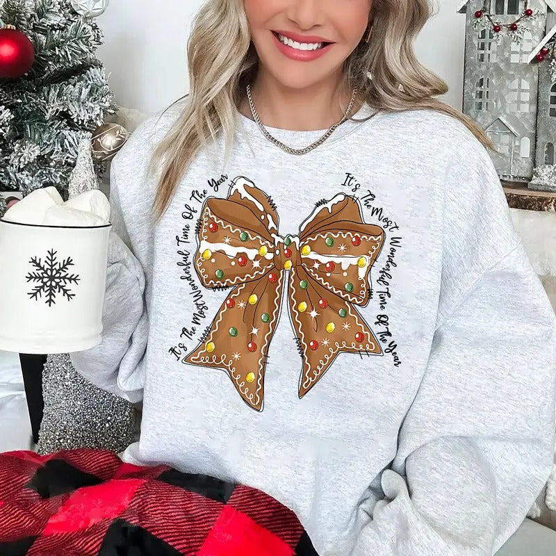 Coquette Gingerbread Bow Sweatshirt, Gingerbread Christmas Sweatshirt, Christmas Coquette Shirt, Retro Christmas, Girly...