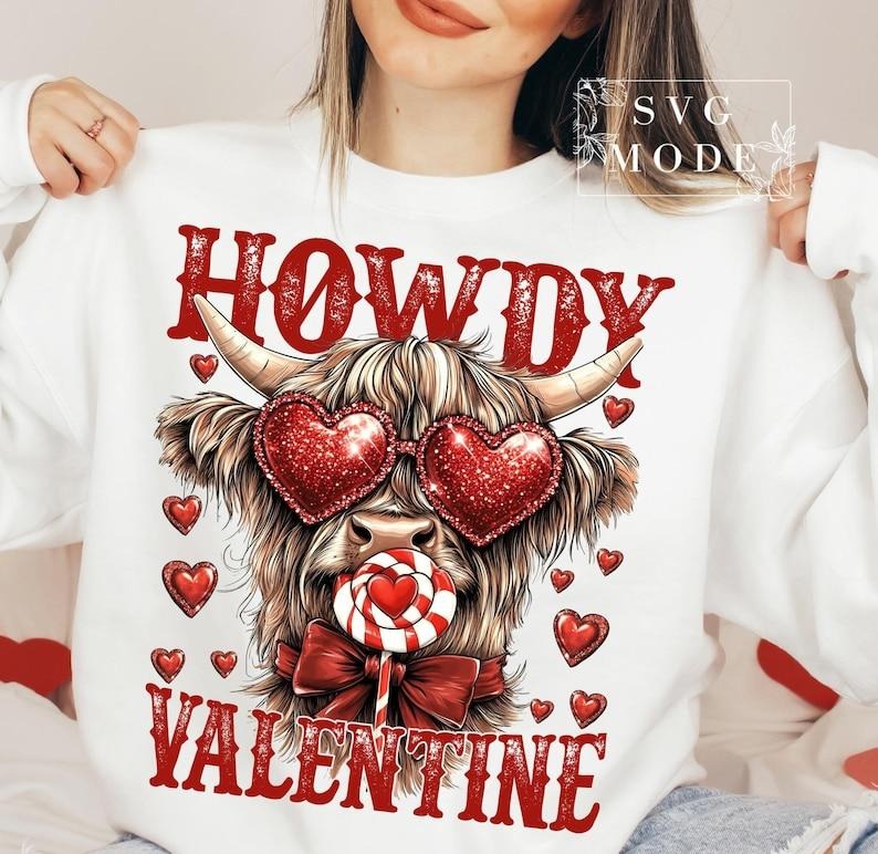 Coquette Girly Valentine Sweatshirt | Highland Cow Crewneck | Day Love Designs Shirt Hoodie | PrintMintTees.com