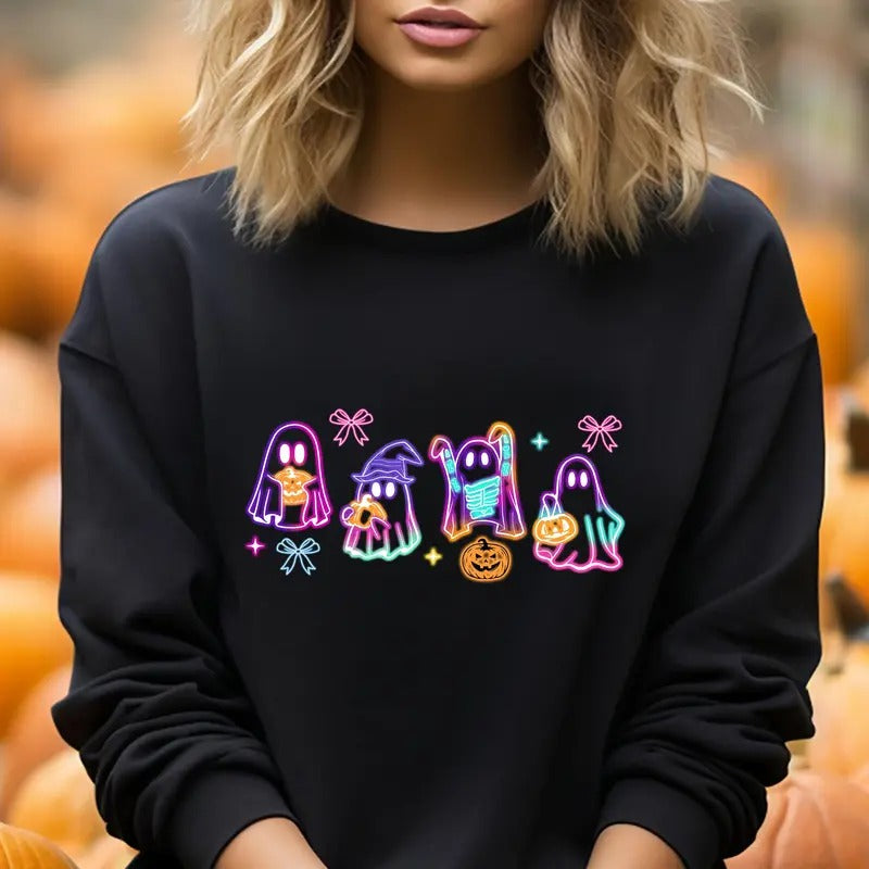 Coquette Halloween Neon Sweater Halloween Ghost Neon Sweatshirthalloween Ghost Hoodie Halloween Party Sweatercoquette Bow...