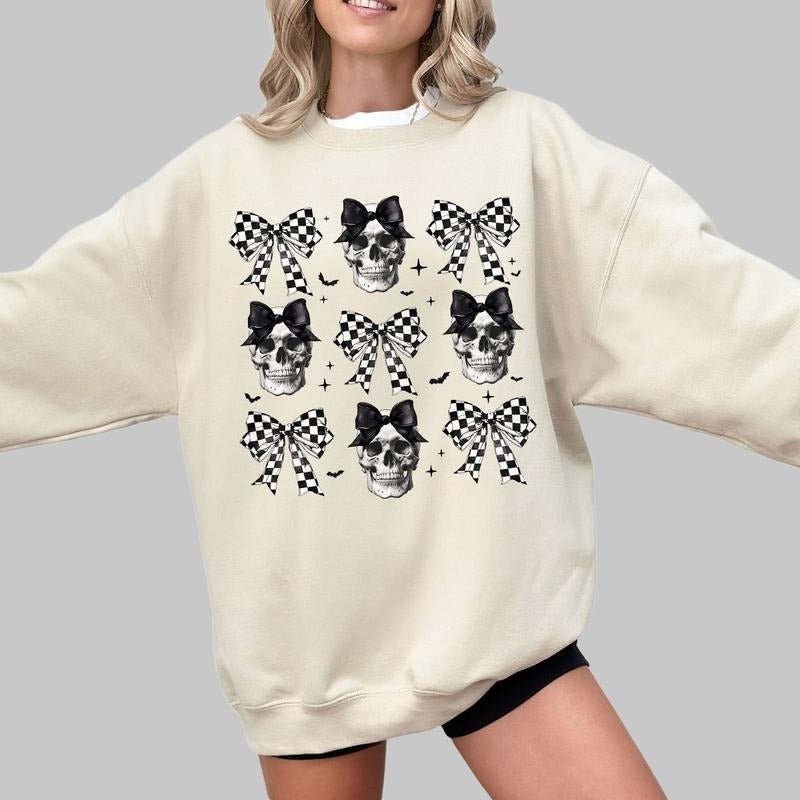 Coquette Halloween Sweatshirt, Halloween Skull T-shirt, Coquette Bow Halloween Sweatshirt, Shirts For Women, Black Bow...