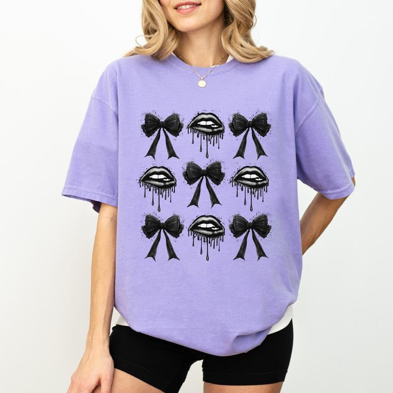Coquette Lips And Bows Gothic Shirt, Gothic Vibes Graphic Printed Tee, Halloween Coquette Unisex Unhinged Shirt, Dark...