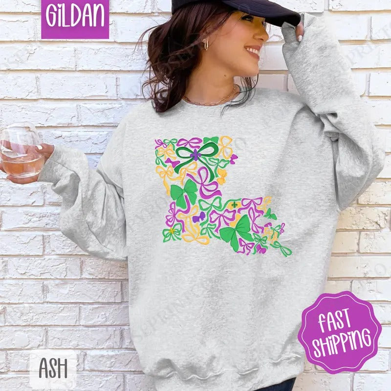 Coquette Louisiana Mardi Gras Sweatshirt, Fat Tuesday Bows Crewneck, Holiday Women's Sweater Shirt Hoodie | PrintMintTees.com