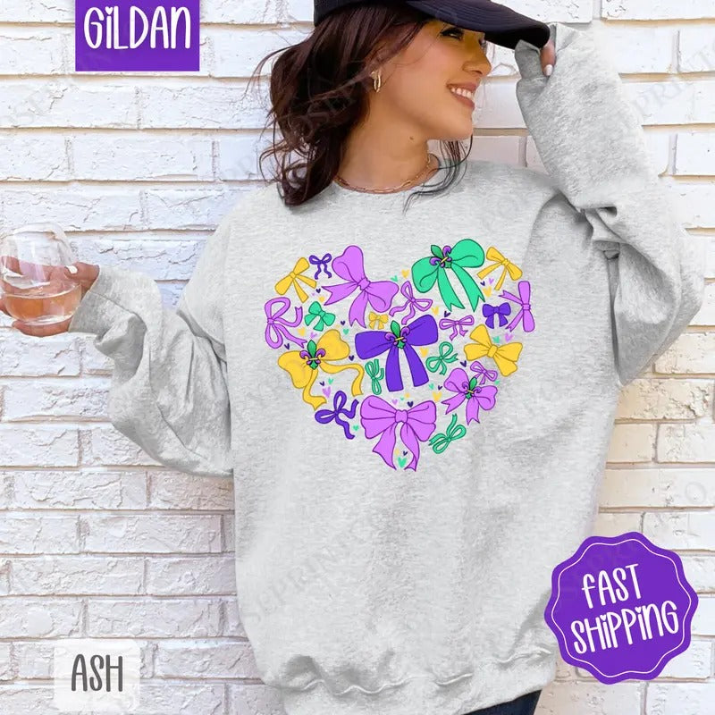 Coquette Mardi Gras Heart Sweatshirt, Mardi Gras Bows Crewneck, Holiday Women's Sweater Shirt Hoodie | PrintMintTees.com
