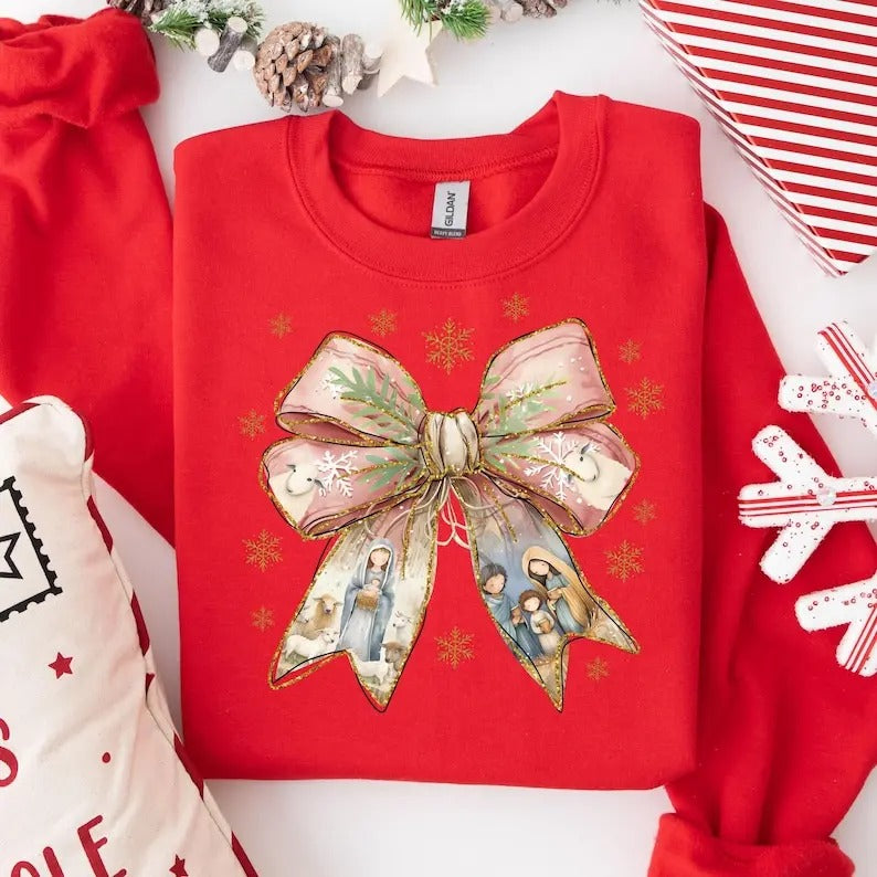 Coquette Nativity Scene Sweatshirt, Coquette Bow Jesus Shirt, Nativity Christmas Sweatshirt Hoodie | PrintMintTees.com