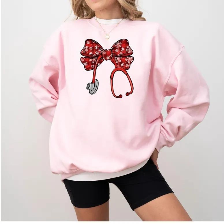Coquette Nurse Christmas Sweatshirt, Stethoscope Bow Holiday Nurse Sweater, Cute Christmas Nurse Shirt, Festive Coquette...