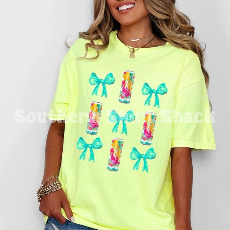 Coquette Sherbet Energy Drink & Bows | neon yellow comfort colors t shirt Hoodie Sweatshirt | PrintMintTees.com
