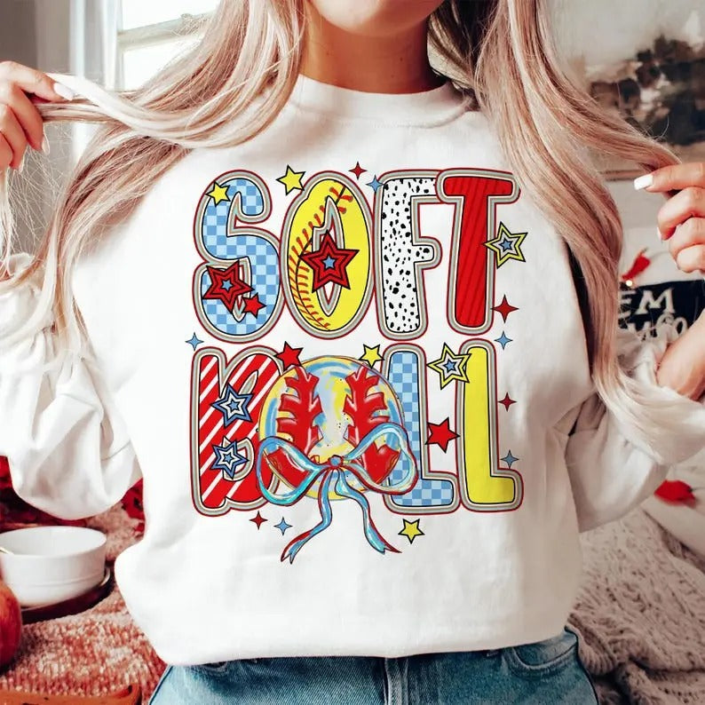 Coquette Softball Brushstroke Sweatshirt Softball Coquette Game Day Softball Bow Softball Mom Shirt Hoodie
