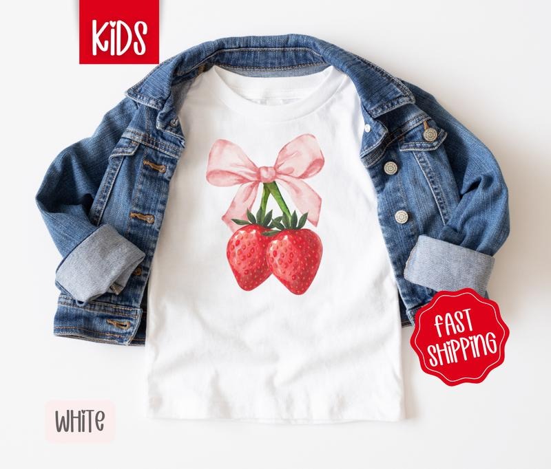 Coquette Strawberry Kids Shirt - Berry Bow Children's Tshirt - Cute Youth Tee Gildan Hoodie, Sweatshirt | PrintMintTees.com