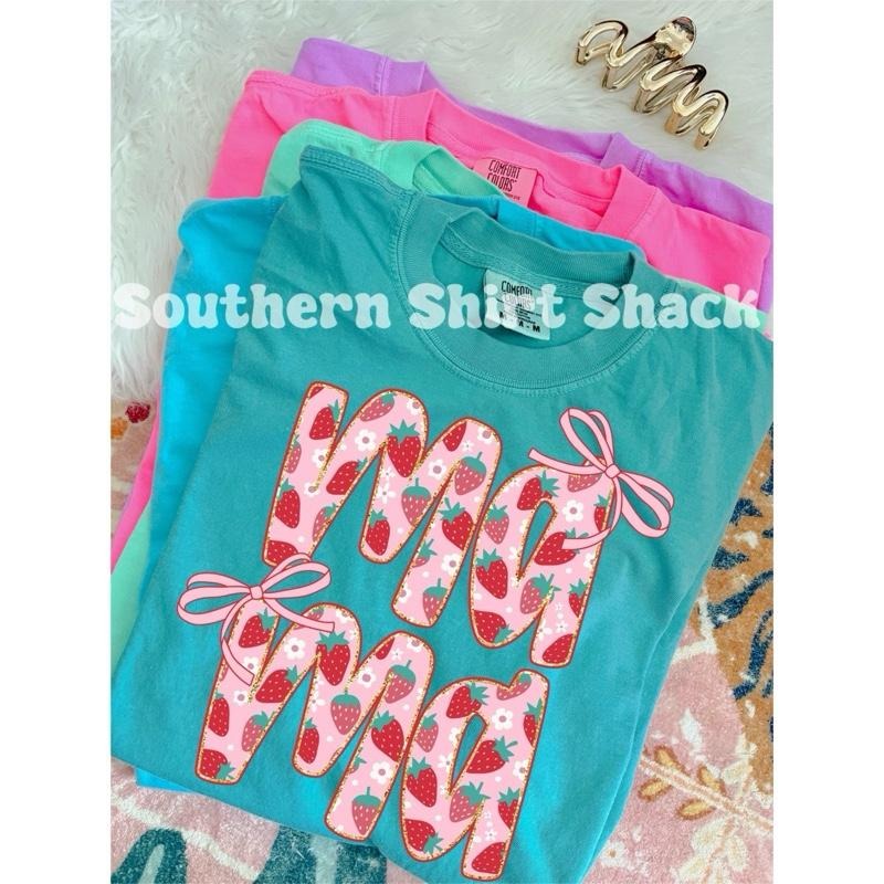 Coquette Strawberry Mama Bows T shirt  | Seafoam comfort colors t shirt | Cute Mama T shirt Hoodie Sweatshirt