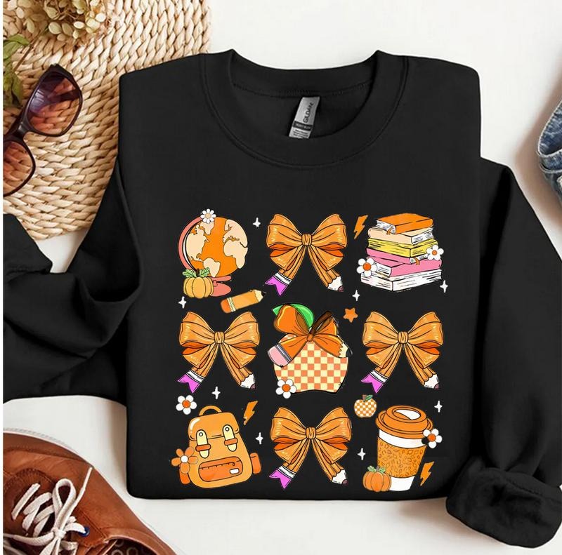 Coquette Teacher Fall Shirt or Sweatshirt, Autumn Pencil Backpack Book Graphic Tee, Cute Teacher Life Halloween Pullover,...