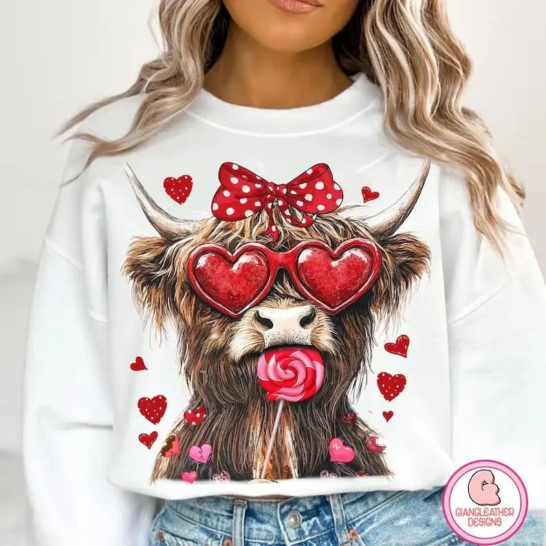 Coquette Valentine Cow | Retro Love Crewneck Sweatshirt | Highland Heifer Design Shirt Hoodie | PrintMintTees.com
