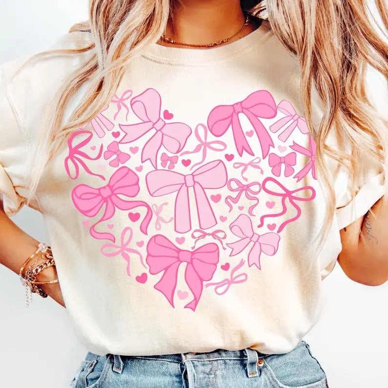 Coquette Valentine Heart Tshirt, Valentines day Shirt, Valentine Bow Tee Top Womenswear Streetwear Summer Casual Hoodie...