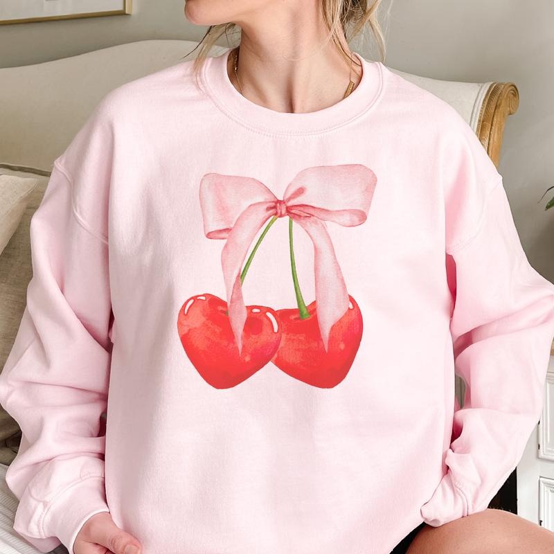 Coquette and Cherries Sweatshirt Cherry Hearts Pullover Red Heart and Bow Valentine Sweatshirt Valentines Day Cherries...