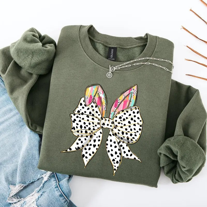 Coquette, Dalmatian Print, Rabbit Ears, Ribbon Bows, Easter, Bunny, Jesus, Rabbit, Holiday Sweatshirt, Crew Neck,...