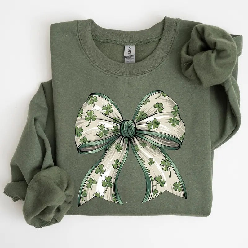Coquette, Lucky, Bow, Shamrock, Clover, Irish, Lucky Charm, St Patrick's Day Sweatshirt, Crew Neck, Women's, Crewneck...