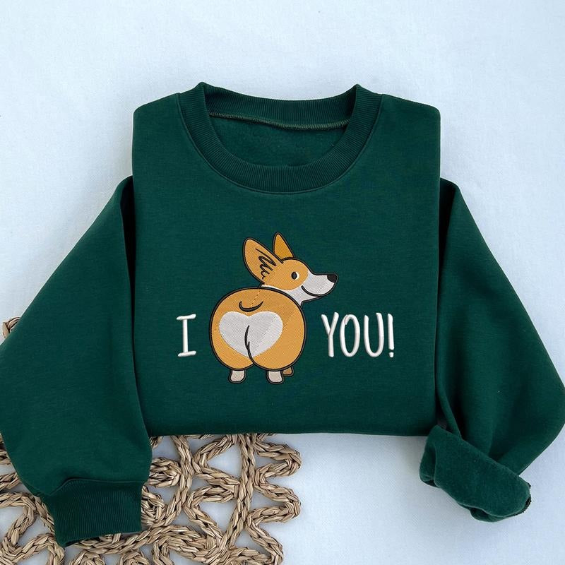 Corgi Butt Embroidered Sweatshirt, Funny Dog Embroidered Sweatshirt, Gifts for Dog Owners, I Love Corgi Crewneck Shirt Hoodie