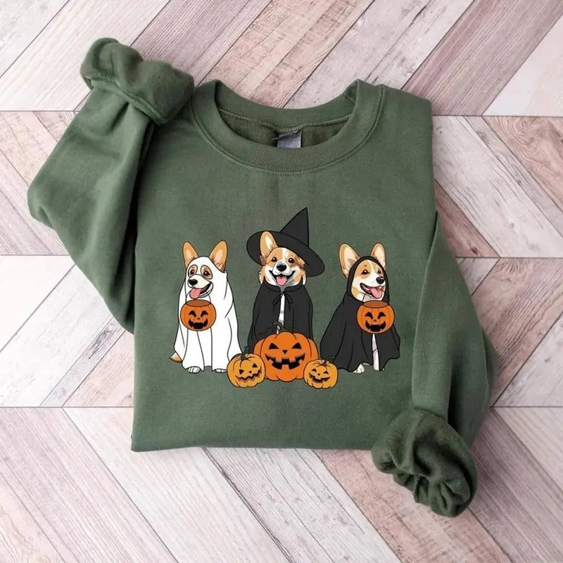 Corgi Dog Halloween Shirt Ghost Corgi Dog Shirt Retro Halloween, Dog Lover Dog Mom Halloween Shirt Hoodie Sweatshirt