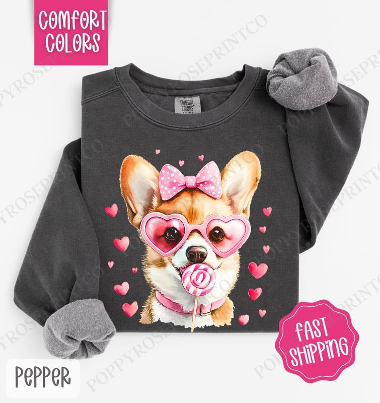 Corgi Valentine Sweatshirt Comfort Colors, Dog Valentine's Day Women's Crewneck, Cute Women's Sweater Shirt Hoodie