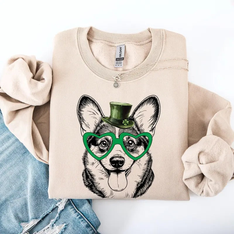 Corgi Adorable Dog St Patrick'S Day Lucky Irish Crew Neck Shirt Hoodie Sweatshirt